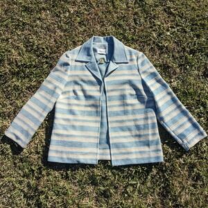 Vintage 70s Striped Mod Cardigan Jacket Large Blue White Open Front Preppy Retro